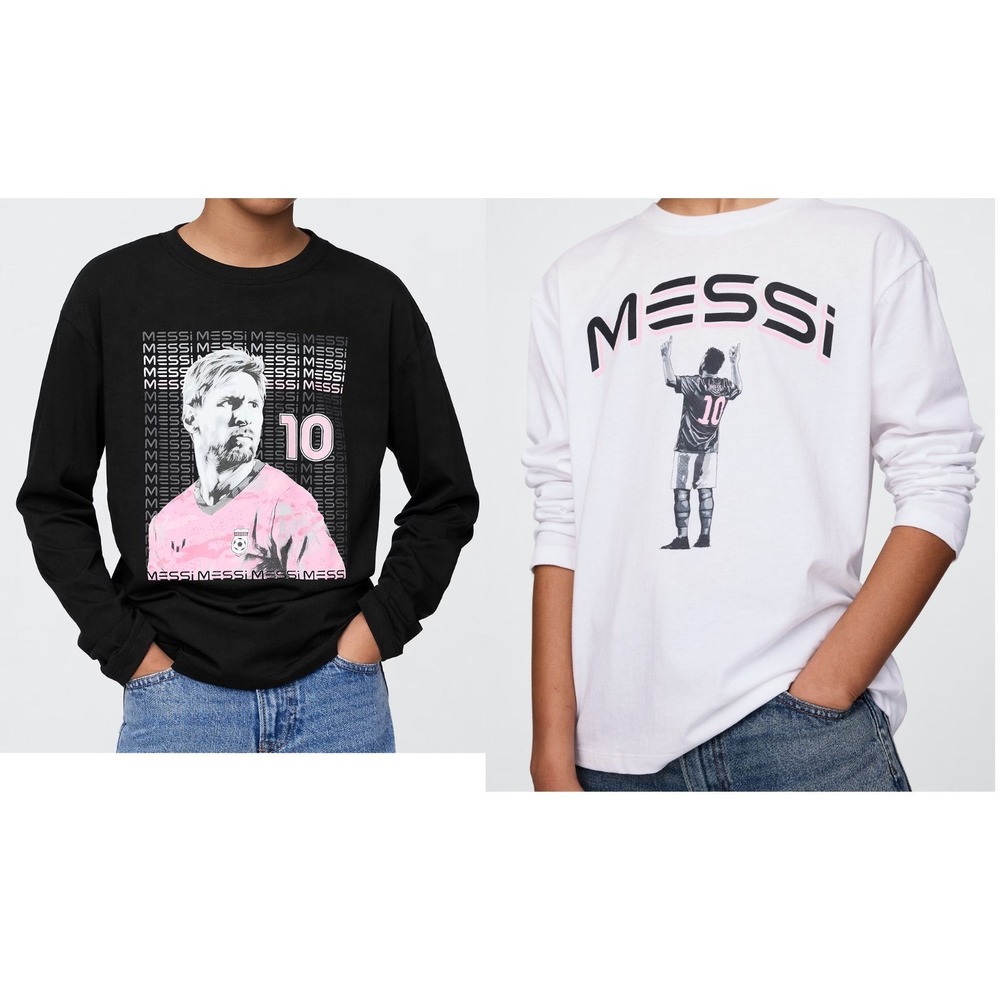2 GAP Kid's Unisex Messi Graphic Long Sleeve T-Shirts - White & Black - M (8)